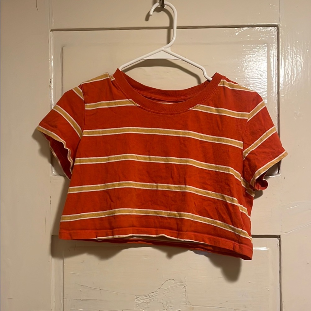 BDG Orange and Yellow White Striped Cropped Cotton Tee
